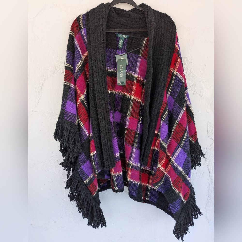 NWT Lauren Ralph Lauren Purple,Black, & Red Fringed Poncho Sweater Cardigan L/XL